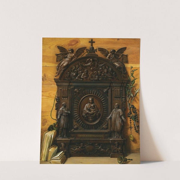 A Trompe L'oeil Still Life Of A Portable Wooden Altar With A Rosary, A Hand Bell And Books Lying On The Ledge Beside by Prospero Mallerini