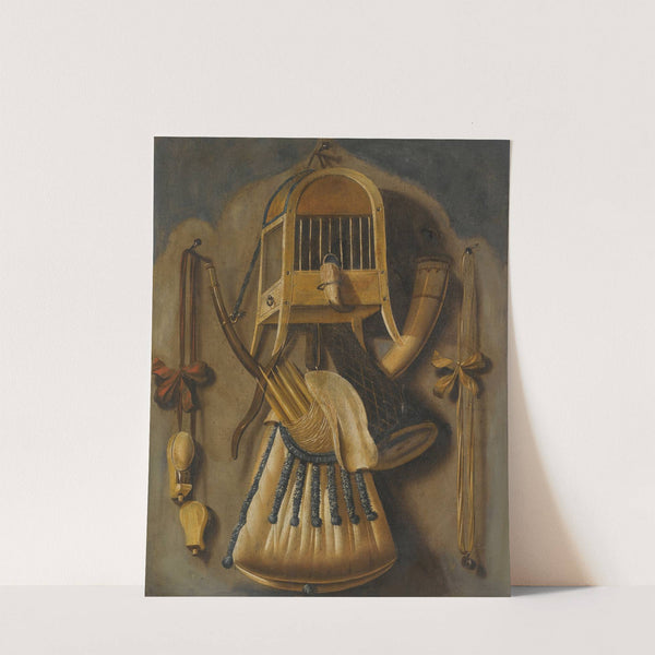 A Trompe L'oeil Still Life With A Bird Cage, A Hunting Horn, A Bird Whistle, And Other Hunting Implements Hanging On A Wall by Johannes Leemans