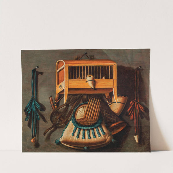 A trompe l'oeil still life with a bird in a cage, a bird whistle, hunting horns and other hunting implements hanging on a wall by Johannes Leemans
