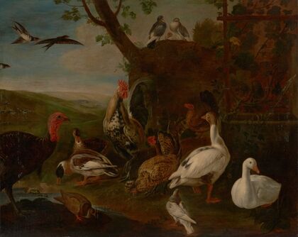 A turkey, a rooster, chickens, geese, ducks, pigeons and doves by a well in a landscape — size preview