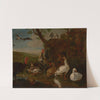 A turkey, a rooster, chickens, geese, ducks, pigeons and doves by a well in a landscape by Jan Baptist Boel