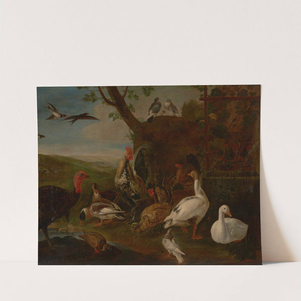 A turkey, a rooster, chickens, geese, ducks, pigeons and doves by a well in a landscape by Jan Baptist Boel