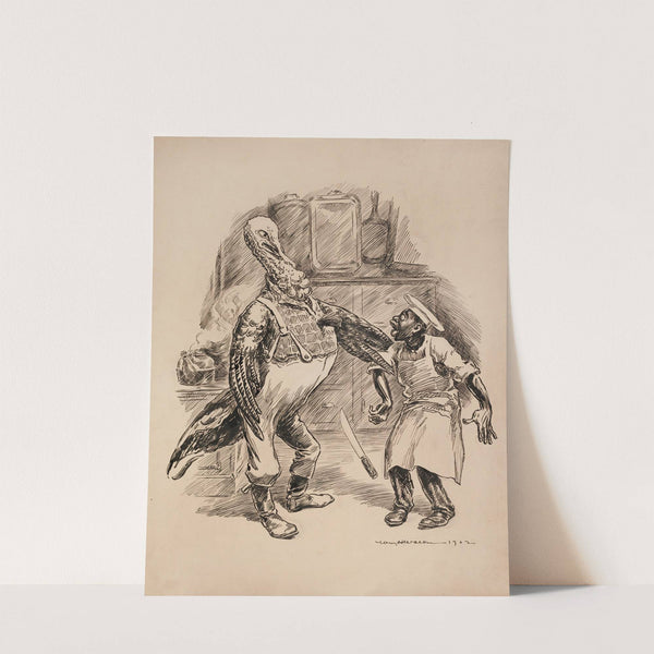 A turkey, dressed like a farmer, grabs a cook by the arm and makes him drop his butcher’s knife. (1902) by William Henry Walker