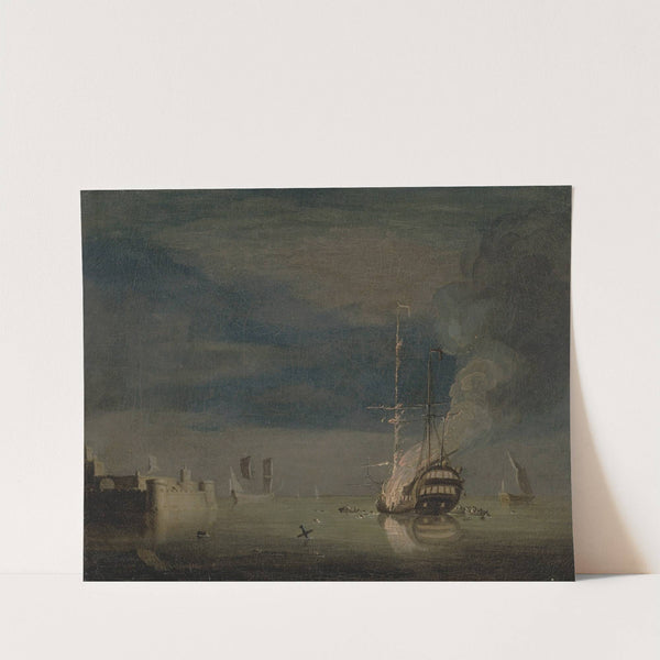 A Two-Decker on Fire at Night off a Fort by Charles Brooking