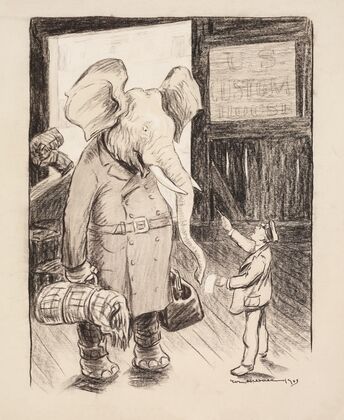 A U.S. Custom House official argues with the Republican Party elephant. (1904) — size preview