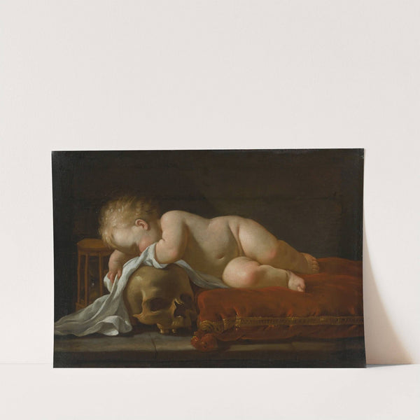 A Vanitas Scene With A Sleeping Child On A Red Velvet Cushion, An Egg Timer And A Skull by Luigi Miradori
