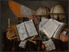 A Vanitas Still Life with a Flag, Candlestick, Musical Instruments, Books, Writing Paraphernalia, Globes and Hourglass