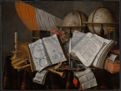 A Vanitas Still Life with a Flag, Candlestick, Musical Instruments, Books, Writing Paraphernalia, Globes and Hourglass