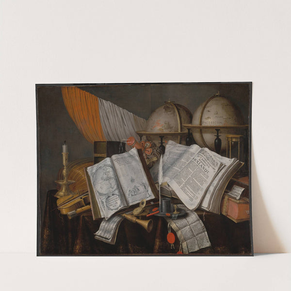 A Vanitas Still Life with a Flag, Candlestick, Musical Instruments, Books, Writing Paraphernalia, Globes and Hourglass by Edwaert Collier