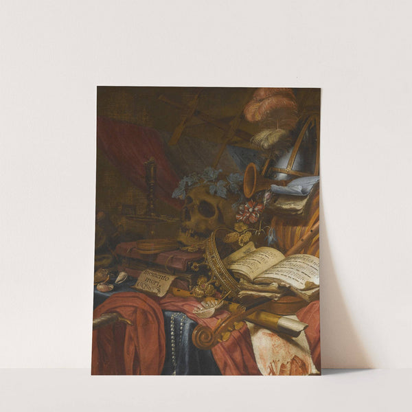 A Vanitas Still Life With A Flute, A Skull, Music Sheets, A Gold Crown, A Dagger, Shells And Other Objects, All Arranged On A Partly Draped Table by Vincent Laurensz. van der Vinne I