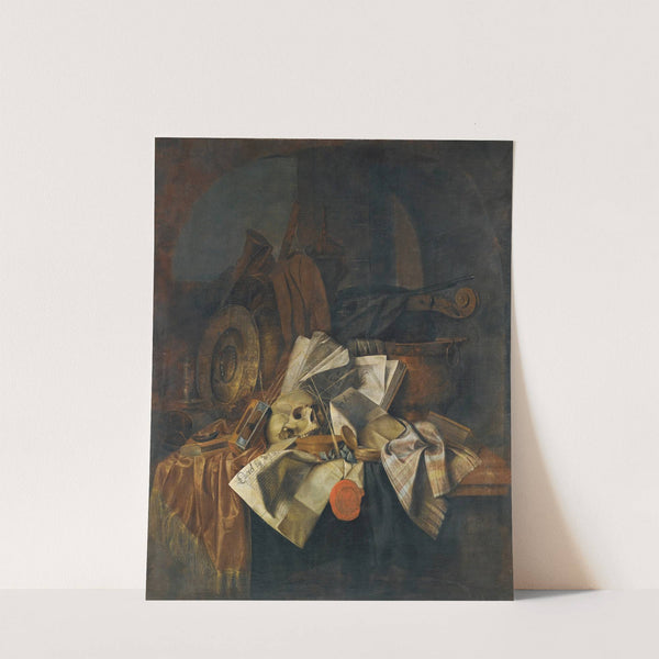 A Vanitas Still Life With A Skull, A Shield, An Hour Glass, Books And Papers On A Tabletop by Franciscus Gijsbrechts