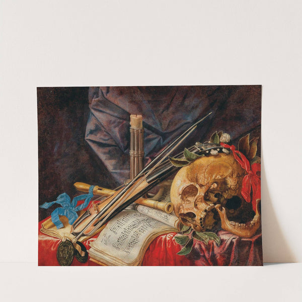 A Vanitas still life with a viol, a clarinet, a skull, a sheet of music and a candle by Simon Renard de Saint-André