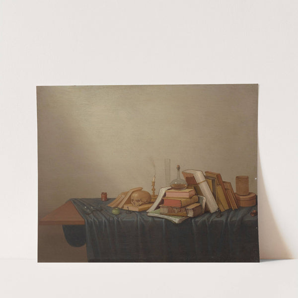 A Vanitas with books, a skull, a candle and various objects on a table by Gerrit van Vucht