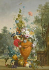 A Vase Of Peonies, Chrysanthemums And A Carnation With Exotic Fruits In A Garden