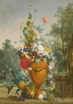 A Vase Of Peonies, Chrysanthemums And A Carnation With Exotic Fruits In A Garden