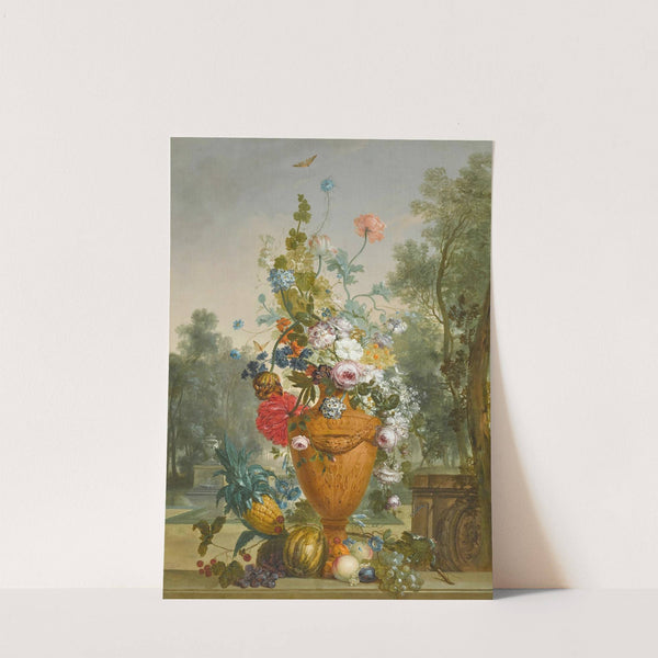 A Vase Of Peonies, Chrysanthemums And A Carnation With Exotic Fruits In A Garden by Jacobus Linthorst