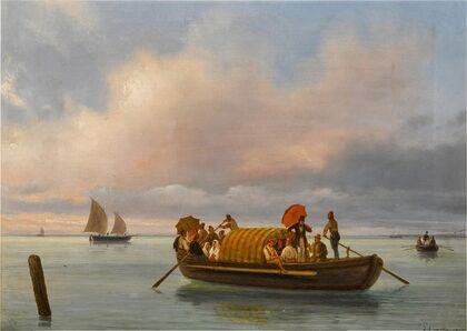A Venetian scene with a gondola on a lagoon
