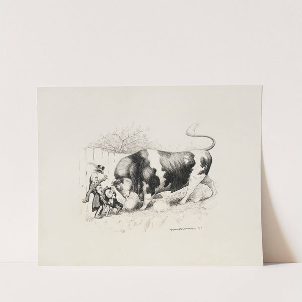 A very large bull backs up three small men against the fence, Alger, Corbin, and Eagan. (1898) by William Henry Walker