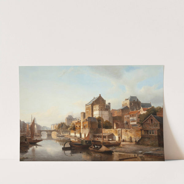 A view of a town by a river by Kasparus Karsen