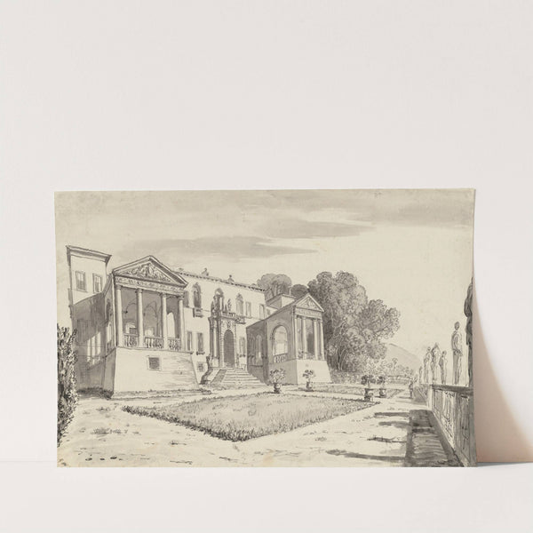 A view of a villa from a terrace with a balustrade surrounded by statues by Carlo Labruzzi