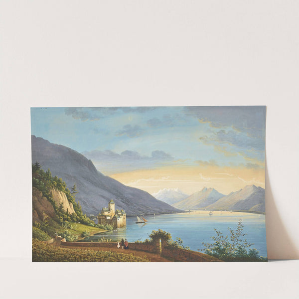 A view of Lake Geneva, with figures at a vineyard in the foreground, the Château de Chillon beyond by Hendrikus Johannes Knip