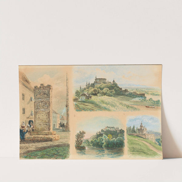 A view of Maribor, the Roman monument in Pettau, Oberpettau castle, Seckau castle by Friedrich Loos