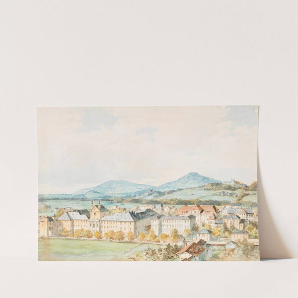 A view of Salzburg; Salzach river in the foreground with the old St- John’s Hospital, the church of St. John and Mülleggertor by Franz Kulstrunk