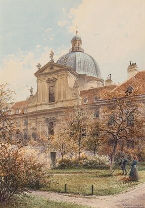 A view of the church and monastery of the Visitation of the Virgin (church of the Salesian sisters) a gardener in the foreground — size preview