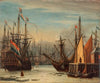 A view of the IJ harbour in winter, Amsterdam, with figures skating between the ships, a figure seated on an ice floe in the foreground