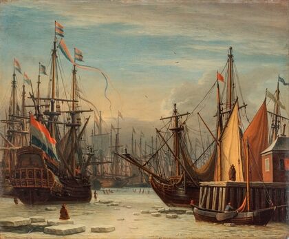 A view of the IJ harbour in winter, Amsterdam, with figures skating between the ships, a figure seated on an ice floe in the foreground