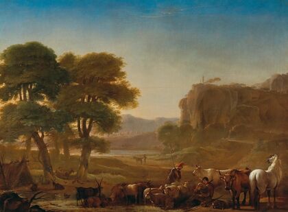 A view of the Roman Campagna with shepherds resting with their livestock