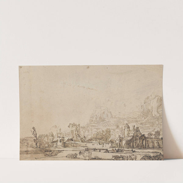 A view of the ruin of Huis ter Kleef near Haarlem, with cows and sheep, and mountains behind by Jan van de Velde II