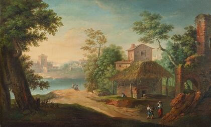 A village by a river with anglers and peasants
