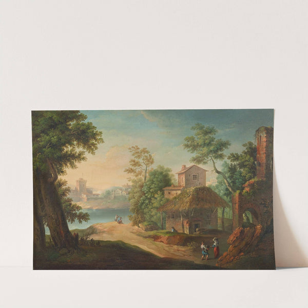 A village by a river with anglers and peasants by Paolo Anesi