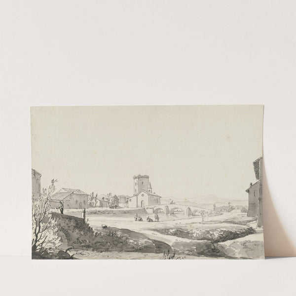 A village on a river with a three-arched bridge beside a small church and a fortified building beyond by Carlo Labruzzi