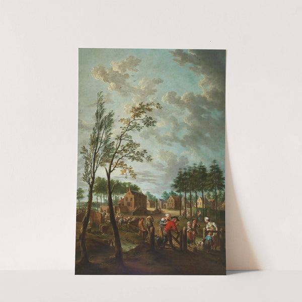 A village scene with peasants in the foreground by Jan Anton Garemijn