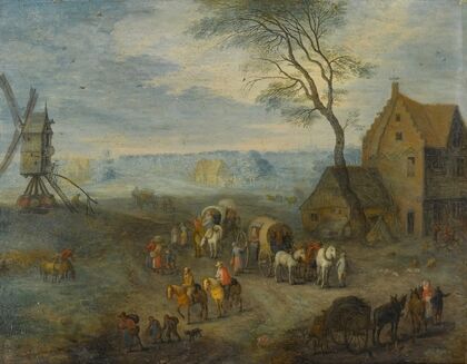 A village scene with travellers by a windmill