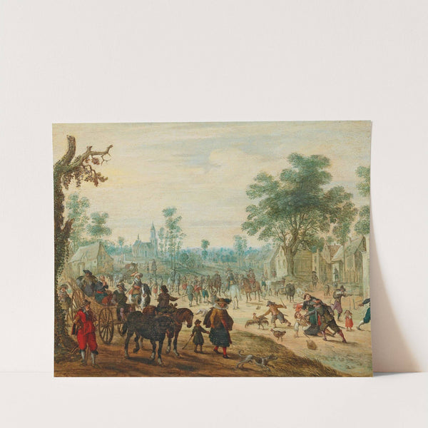 A village with numerous figures on a road by Sebastian Vrancx