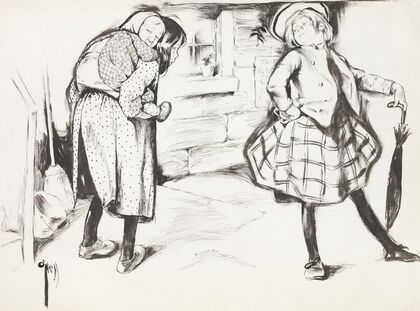 A wealthy girl turns up her nose at a poor girl, who is carrying a baby on her back. (1902) — size preview