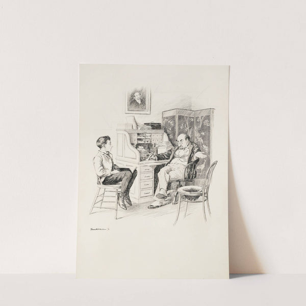 A wealthy man at his desk talks to a boy seated next to him with a book. (1896) by William Henry Walker
