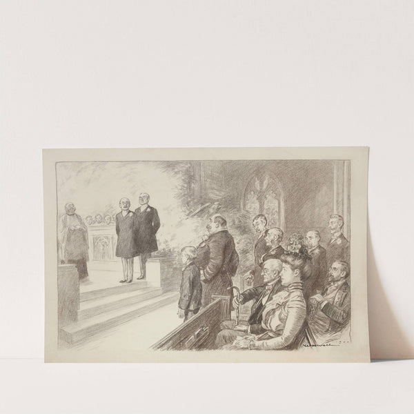 A wedding where all the members of the wedding party are stern men and the ‘bride’ is a young boy. (1900) by William Henry Walker