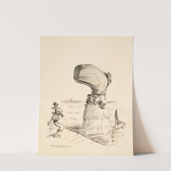 A whale, wearing a dress, confronts a surprised sailor on a dock. (1906) by William Henry Walker