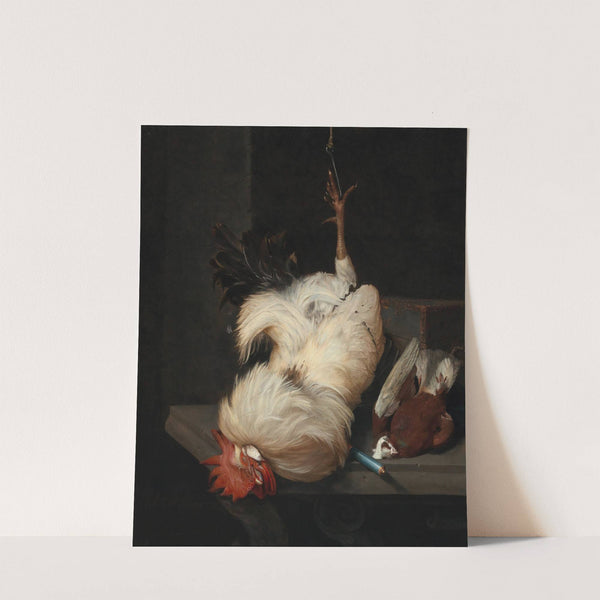 A white cockerel and a pigeon on a stone table by Nicolaes van Gelder