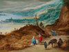 A wide mountainous landscape with travellers