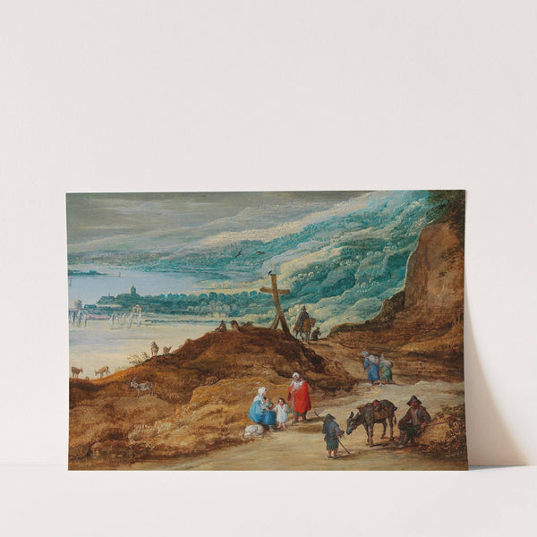 A wide mountainous landscape with travellers by Joos de Momper