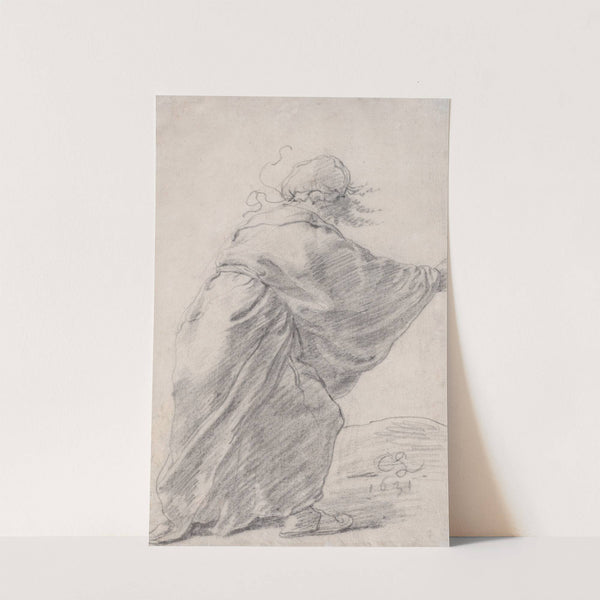 A wild-haired, robed woman rushing to the right, seen from behind (1631) by Cornelis Saftleven