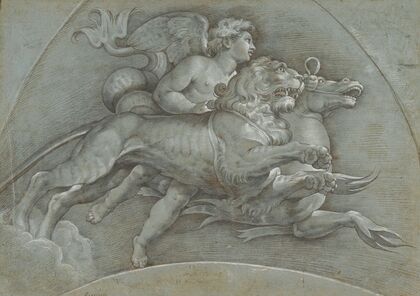A Winged Putto Riding a Sea Horse and a Lion