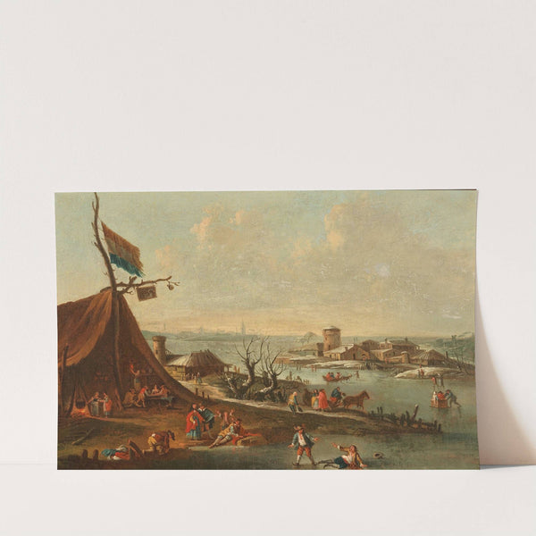 A winter harbour scene with ice-skaters by Pieter Bout
