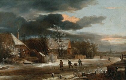 A winter landscape with a village and a frozen canal