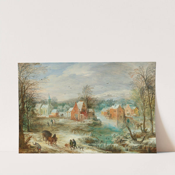 A winter landscape with a village and travellers on a path by Joos de Momper